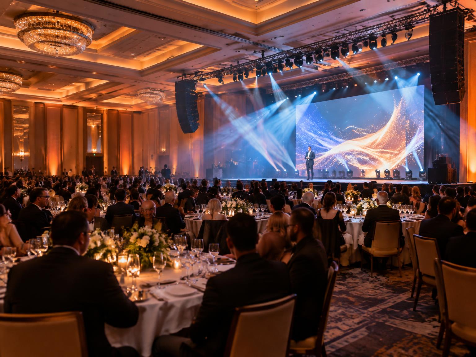 Evento corporativo de gala com palco, painel de LED e iluminação