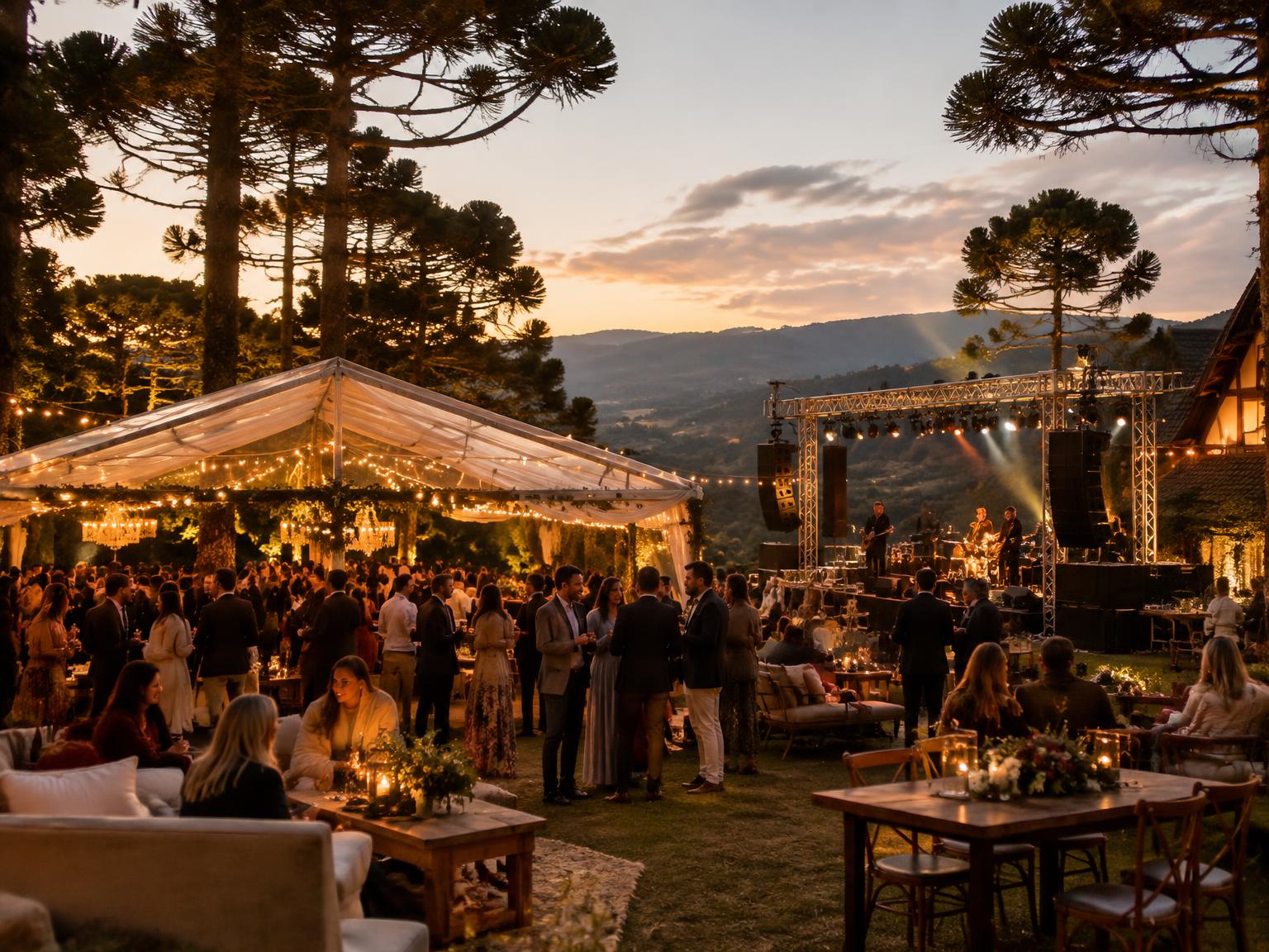 Evento ao ar livre nas montanhas com palco e estrutura de som