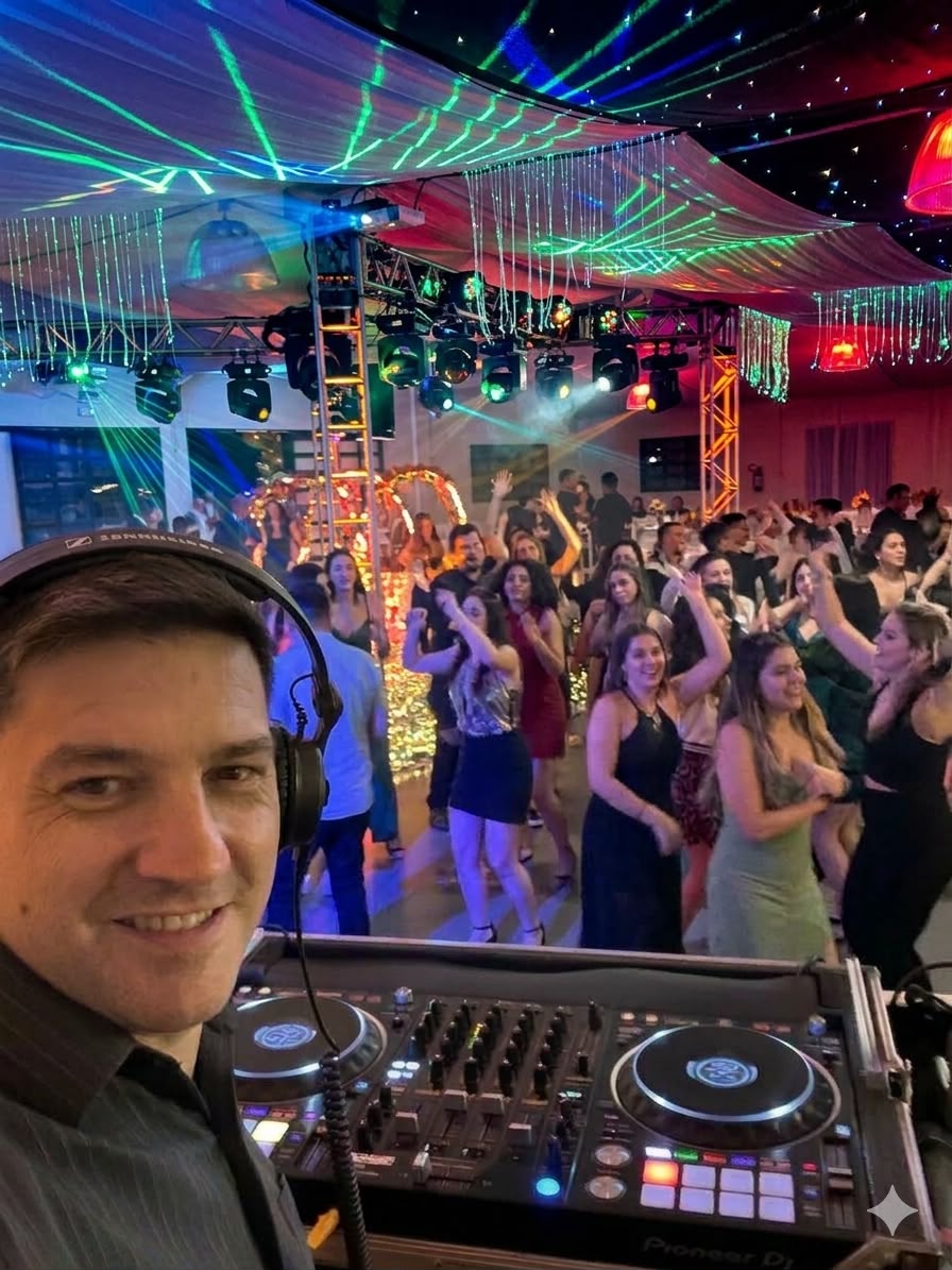 DJ Dexton com pista cheia e iluminação cênica